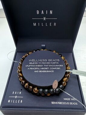 Women’s Double Tiger Eye and Black Beaded Bracelet Gift Set - Brown/Black